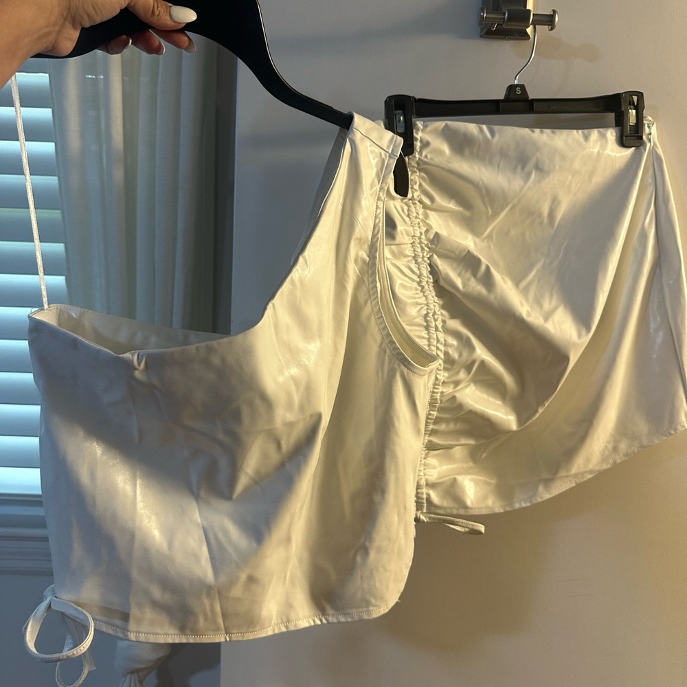 White Satin Crop Top and Skirt Set leather